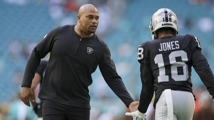 Nov 19, 2023; Miami Gardens, Florida, USA; Las Vegas Raiders interim head coach Antonio Pierce high-fives Las Vegas Raiders cornerback Jack Jones prior to the game against the Miami Dolphins at Hard Rock Stadium. Mandatory Credit: Sam Navarro-USA TODAY Sports Nov 19, 2023; Miami Gardens, Florida, USA; Las Vegas Raiders interim head coach Antonio Pierce high-fives Las Vegas Raiders cornerback Jack Jones prior to the game against the Miami Dolphins at Hard Rock Stadium. Mandatory Credit: Sam Navarro-USA TODAY Sports