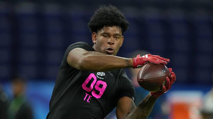 Feb 27, 2026; Indianapolis, IN, USA; NC State tight end Justin Joly (TE09) during the NFL Scouting Combine at Lucas Oil Stadium. Mandatory Credit: Kirby Lee-Imagn Images