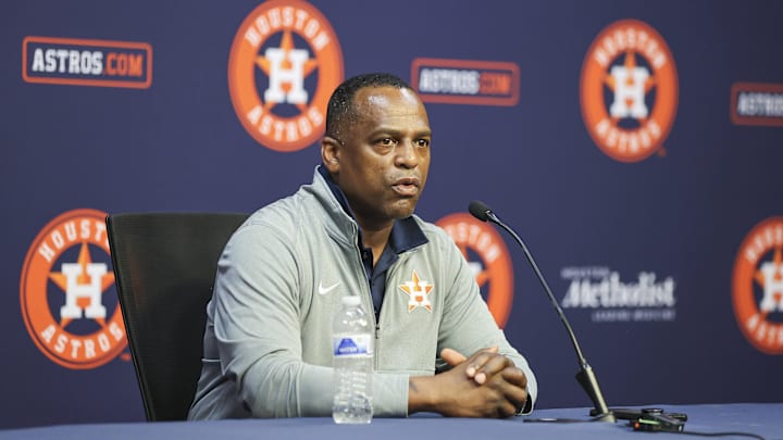 Aug 1, 2023; Houston, Texas, USA; Houston Astros general manager Dana Brown speaks with media before the game against the Cleveland Guardians at Minute Maid Park. 