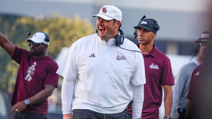 Mississippi State Bulldogs head coach Jeff Lebby reacts during the second half against the Tennessee Volunteers at Davis Wade Stadium at Scott Field. Mississippi State Bulldogs head coach Jeff Lebby reacts during the second half against the Tennessee Volunteers at Davis Wade Stadium at Scott Field.