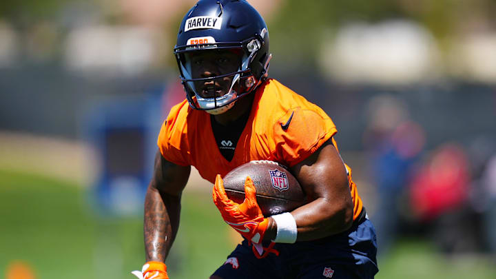 May 10, 2025; Englewood, CO, USA; Denver Broncos running back RJ Harvey (37) during rookie minicamp at Broncos Park Powered by CommonSpirit. Mandatory Credit: Ron Chenoy-Imagn Images