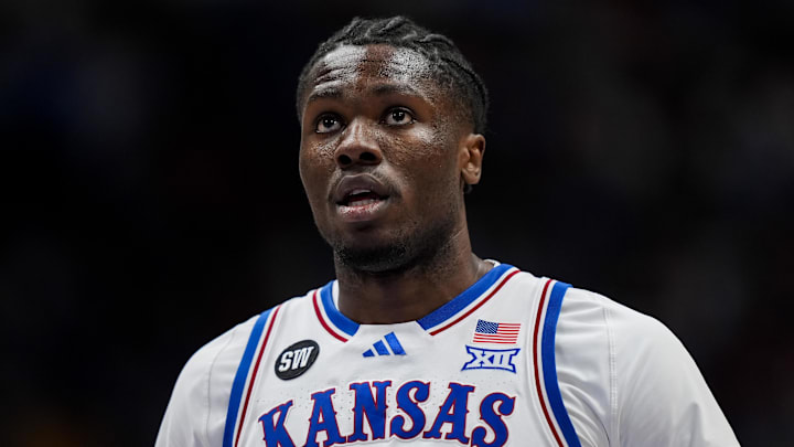Jan 24, 2026; Columbia, Missouri, USA; Kansas Jayhawks forward Flory Bidunga (40) reacts during the second half against the BYU Cougars at Mizzou Arena. Mandatory Credit: Jay Biggerstaff-Imagn Images