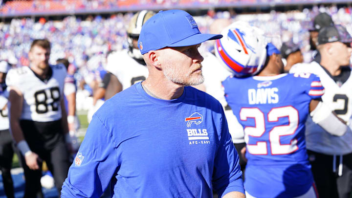 Sep 28, 2025; Orchard Park, New York, USA;  Buffalo Bills head coach Sean McDermott following a win over the New Orleans Saints at Highmark Stadium.