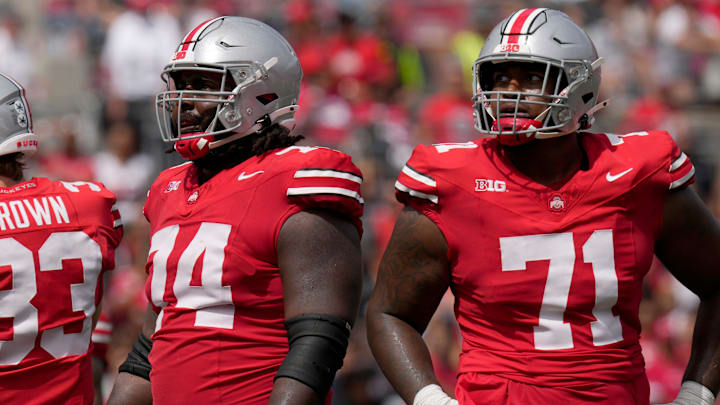 Sept. 9, 2023; Columbus, Oh., USA;  Ohio State Buckeyes offensive lineman Josh Simmons (71) and Ohio State Buckeyes offensive lineman Donovan Jackson (74) play during the first half of Saturday's NCAA Division I football game at Ohio Stadium.