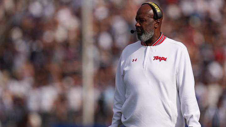 Sep 12, 2026; East Hartford, Connecticut, USA; Maryland Terrapins head coach Mike Locksley watches from the sideline as they take on the UConn Huskies at Pratt & Whitney Stadium at Rentschler Field. Mandatory Credit: David Butler II-Imagn Images