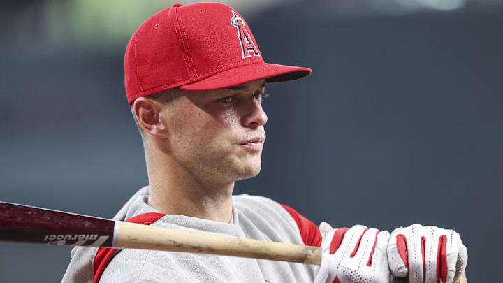 Sep 20, 2024; Houston, Texas, USA; Los Angeles Angels catcher Logan O'Hoppe (14) during batting practice before the game against the Houston Astros at Minute Maid Park