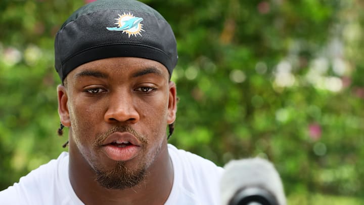 Aug 6, 2024; Miami Gardens, FL, USA; Miami Dolphins safety Jevon Holland (8) talks to reporters after a joint practice with the Atlanta Falcons at Baptist Health Training Complex. Aug 6, 2024; Miami Gardens, FL, USA; Miami Dolphins safety Jevon Holland (8) talks to reporters after a joint practice with the Atlanta Falcons at Baptist Health Training Complex.