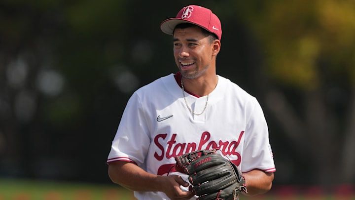 Feb 28, 2025; Stanford, CA, USA; Stanford Cardinal shortstop Temo Becerra (2) before the game against the Xavier Musketeers at Sunken Diamond. Mandatory Credit: Darren Yamashita-Imagn Images