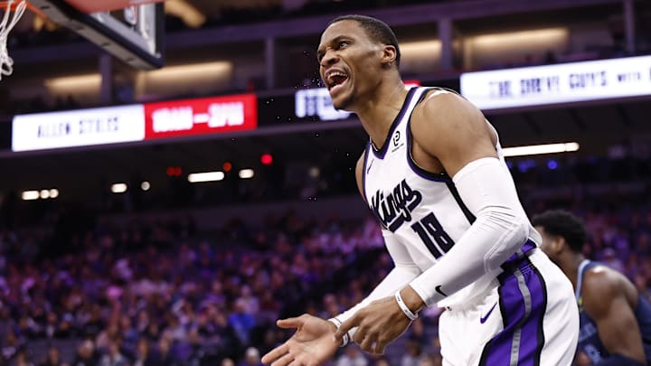 Nov 30, 2025; Sacramento, California, USA; Sacramento Kings guard Russell Westbrook (18) reacts after a play against the Memphis Grizzlies during the third quarter at Golden 1 Center. Mandatory Credit: Kelley L Cox-Imagn Images