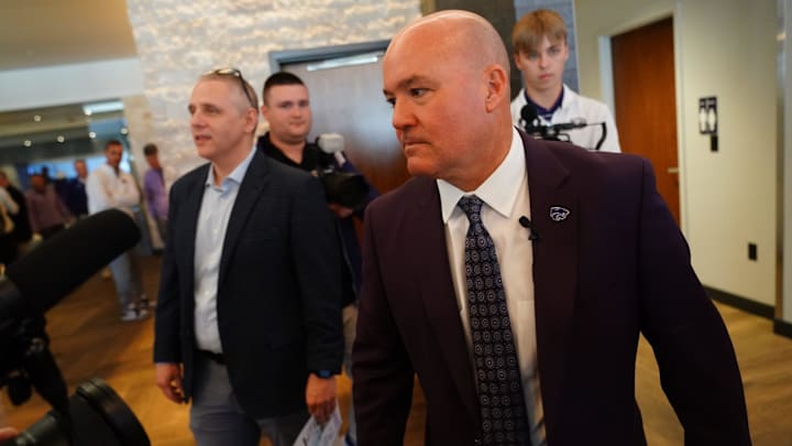 Casey Alexander is welcomed as the new head coach of the Kansas State men’s basketball team during a press conference at Bramlage Coliseum on Monday, March 16, 2026.