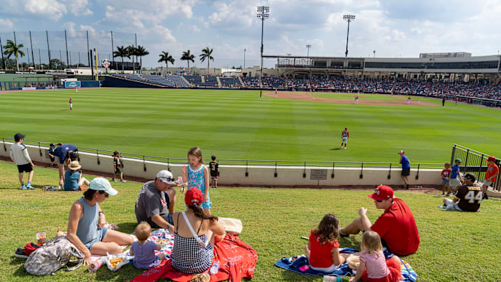 Fans watch the Washington Nationals and St. Louis Cardinals spring training game at the Ballpark of the Palm Beaches in West Palm Beach, Florida on March 4, 2023.