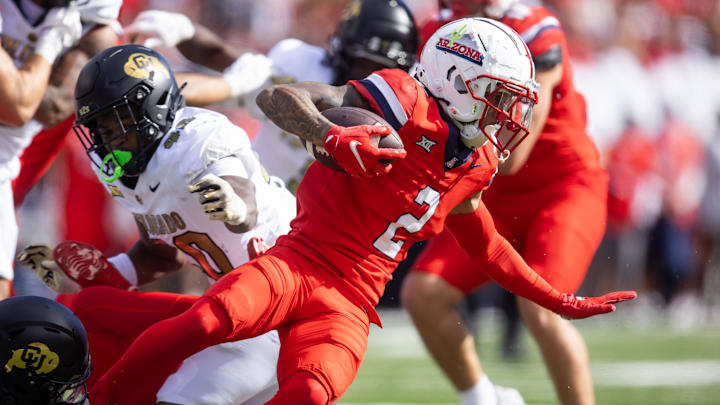 Oct 19, 2024; Tucson, Arizona, USA; Arizona Wildcats wide receiver Jeremiah Patterson (2) against the Colorado Buffalos at Arizona Stadium. Mandatory Credit: Mark J. Rebilas-Imagn Images