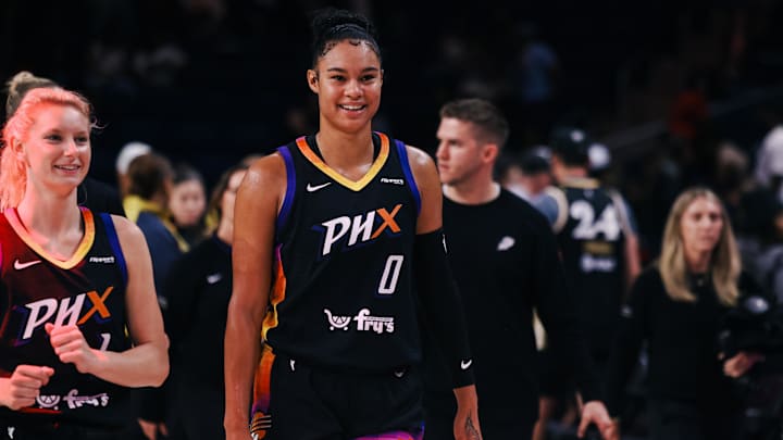 Jul 27, 2025; Washington, District of Columbia, USA; Phoenix Mercury forward Satou Sabally (0) reacts after the game against the Washington Mystics at CareFirst Arena. Mandatory Credit: Emily Faith Morgan-Imagn Images