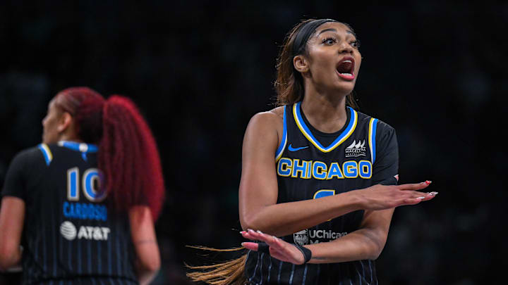 Aug 21, 2025; Brooklyn, New York, USA; Chicago Sky forward Angel Reese (5) reacts during the second half against the New York Liberty at Barclays Center. Mandatory Credit: John Jones-Imagn Images