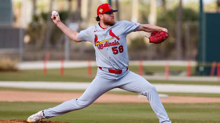 Feb 14, 2026; Jupiter, FL, USA; St. Louis Cardinals pitcher Chris Roycroft (58) delivers a pitch during a spring training workout at Roger Dean Chevrolet Stadium. Mandatory Credit: Sam Navarro-Imagn Images Feb 14, 2026; Jupiter, FL, USA; St. Louis Cardinals pitcher Chris Roycroft (58) delivers a pitch during a spring training workout at Roger Dean Chevrolet Stadium. Mandatory Credit: Sam Navarro-Imagn Images