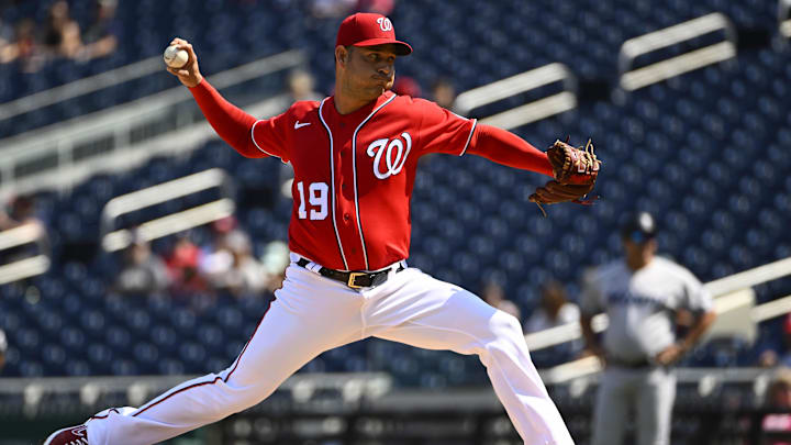 Sep 18, 2022; Washington, District of Columbia, USA; Washington Nationals starting pitcher Anibal Sanchez delivers a pitch.