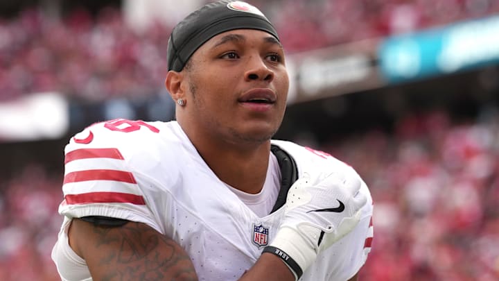 Sep 28, 2025; Santa Clara, California, USA; San Francisco 49ers safety Marques Sigle (36) before the game against the Jacksonville Jaguars at Levi's Stadium. Mandatory Credit: Darren Yamashita-Imagn Images