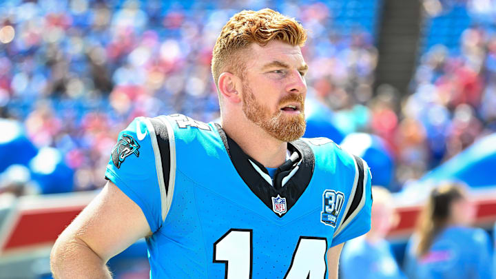 Aug 24, 2024; Orchard Park, New York, USA; Carolina Panthers quarterback Andy Dalton (14) enters the field before a pre-season game against the Buffalo Bills at Highmark Stadium. Mandatory Credit: Mark Konezny-Imagn Images
