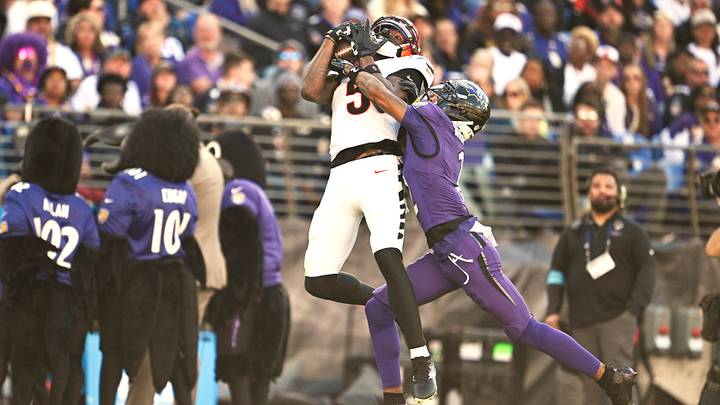 Oct 25, 2026; Baltimore, Maryland, USA; Cincinnati Bengals wide receiver Tee Higgins (5) makes a catch defended by Baltimore Ravens cornerback Nate Wiggins (2) during the second half at M&T Bank Stadium. Mandatory Credit: Jamie Sabau-Imagn Images Oct 25, 2026; Baltimore, Maryland, USA; Cincinnati Bengals wide receiver Tee Higgins (5) makes a catch defended by Baltimore Ravens cornerback Nate Wiggins (2) during the second half at M&T Bank Stadium. Mandatory Credit: Jamie Sabau-Imagn Images