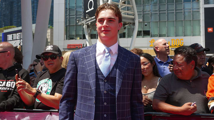 Jun 27, 2025; Los Angeles, California, USA; Porter Martone arrives to the first round of the 2025 NHL Draft at Peacock Theater. Mandatory Credit: Kirby Lee-Imagn Images