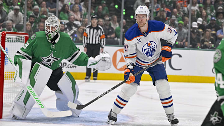 May 29, 2025; Dallas, Texas, USA; Dallas Stars goaltender Jake Oettinger (29) and Edmonton Oilers right wing Corey Perry (90) in action during the game between the Dallas Stars and the Edmonton Oilers in game five of the Western Conference Final of the 2025 Stanley Cup Playoffs at American Airlines Center. Mandatory Credit: Jerome Miron-Imagn Images