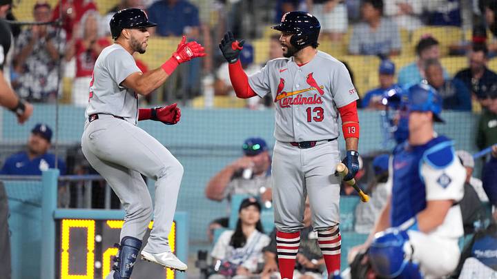 Sep 1, 2026; Los Angeles, California, USA;  St. Louis Cardinals outfielder Joshua Baez (22) celebrates with St. Louis Cardinals catcher Leonardo Bernal (13) after hitting a home run during the seventh inning against the Los Angeles Dodgers at Dodger Stadium.  Mandatory Credit: Kirby Lee-Imagn Images