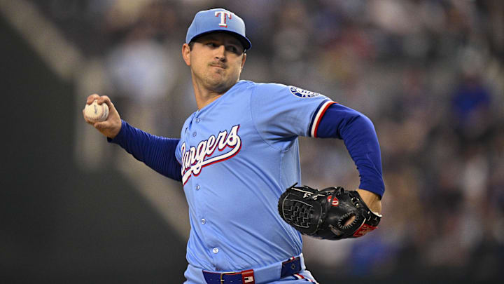 Apr 20, 2025; Arlington, Texas, USA; Texas Rangers starting pitcher Tyler Mahle (51) pitches during the game between the Texas Rangers and the Los Angeles Dodgers at Globe Life Field. Mandatory Credit: Jerome Miron-Imagn Images