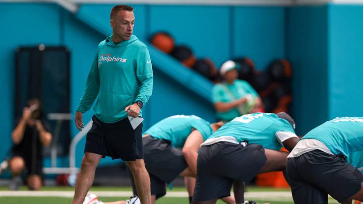 Miami Dolphins head coach Jeff Hafley works with his players during rookie minicamp at the Baptist Health Training Complex.