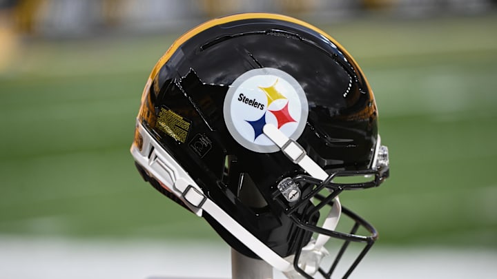 Nov 16, 2025; Pittsburgh, Pennsylvania, USA; A Pittsburgh Steelers helmet before a game against the Cincinnati Bengals at Acrisure Stadium. Mandatory Credit: Barry Reeger-Imagn Images