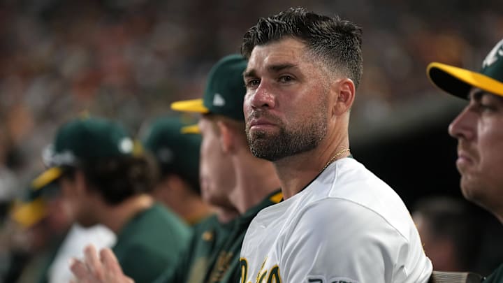 Jul 5, 2025; West Sacramento, California, USA; Athletics catcher Austin Wynns (29) during the sixth inning against the San Francisco Giants at Sutter Health Park. Mandatory Credit: Darren Yamashita-Imagn Images