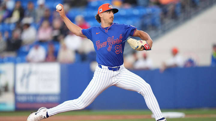 Mar 6, 2025; Port St. Lucie, Florida, USA;  New York Mets pitcher Brandon Sproat (91) pitches against the Houston Astros at Clover Park. Mandatory Credit: Jim Rassol-Imagn Images