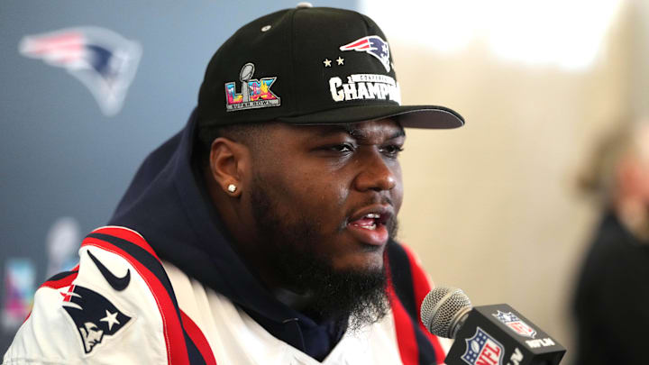 Feb 5, 2026; Santa Clara, CA, USA; New England Patriots defensive end Milton Williams (97) talks to media members at the Santa Clara Marriott. Mandatory Credit: Darren Yamashita-Imagn Images