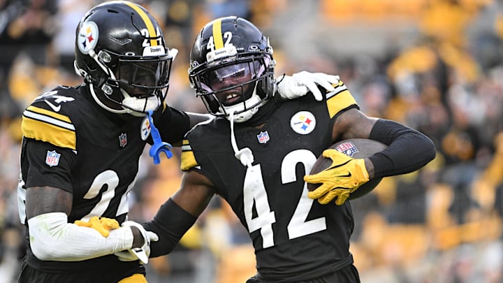 Nov 16, 2025; Pittsburgh, Pennsylvania, USA; Pittsburgh Steelers cornerback James Pierre (42) celebrates with cornerback Joey Porter Jr. (24) after scoring a touchdown against the Cincinnati Bengals during the fourth quarter at Acrisure Stadium. Mandatory Credit: Barry Reeger-Imagn Images