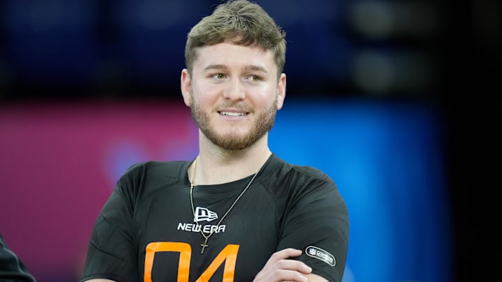 Texas quarterback Quinn Ewers (QB04) during the 2025 NFL Combine at Lucas Oil Stadium. 