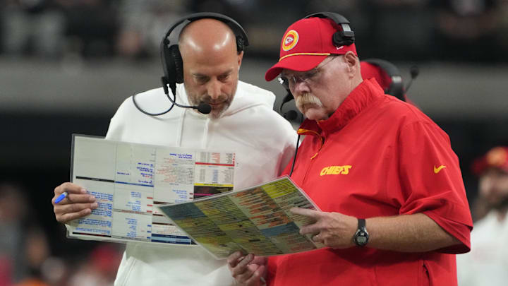 Oct 27, 2024; Paradise, Nevada, USA; Kansas City Chiefs offensive coordinator Matt Nagy (left) and coach Andy Reid react against the Las Vegas Raiders in the second half at Allegiant Stadium. Mandatory Credit: Kirby Lee-Imagn Images