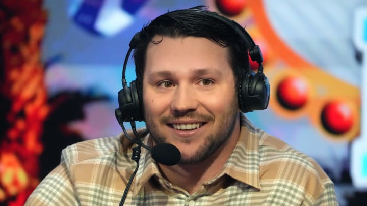 Feb 8, 2024; Las Vegas, NV, USA; Buffalo Bills quarterback Josh Allen on the Pac McAfee show on radio row at the Super Bowl 58 media center at the Mandalay Bay resort and casino. Mandatory Credit: Kirby Lee-USA TODAY Sports