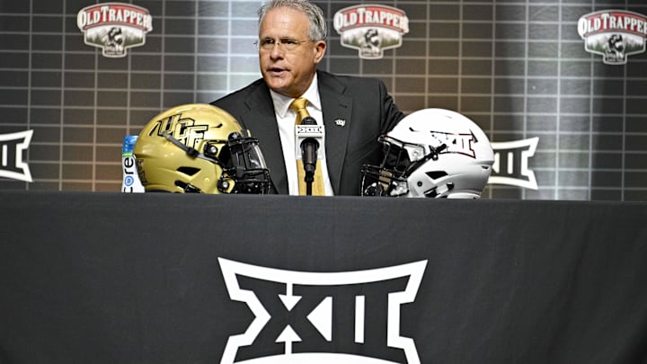 Jul 13, 2023; Arlington, TX, USA; UCF Knights head coach Gus Malzahn is interviewed during the Big 12 football media day at AT&T Stadium. Mandatory Credit: Jerome Miron-USA TODAY Sports