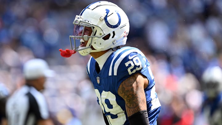 Sep 8, 2024; Indianapolis, Indiana, USA; Indianapolis Colts cornerback JuJu Brents (29) celebrates a stop during the second half against the Houston Texans at Lucas Oil Stadium. Mandatory Credit: Marc Lebryk-Imagn Images Sep 8, 2024; Indianapolis, Indiana, USA; Indianapolis Colts cornerback JuJu Brents (29) celebrates a stop during the second half against the Houston Texans at Lucas Oil Stadium. Mandatory Credit: Marc Lebryk-Imagn Images