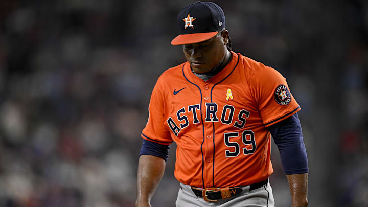 Sep 7, 2025; Arlington, Texas, USA; Houston Astros starting pitcher Framber Valdez (59) looks down as he walks off the field during the game between the Texas Rangers and the Houston Astros at Globe Life Field. Mandatory Credit: Jerome Miron-Imagn Images Sep 7, 2025; Arlington, Texas, USA; Houston Astros starting pitcher Framber Valdez (59) looks down as he walks off the field during the game between the Texas Rangers and the Houston Astros at Globe Life Field. Mandatory Credit: Jerome Miron-Imagn Images
