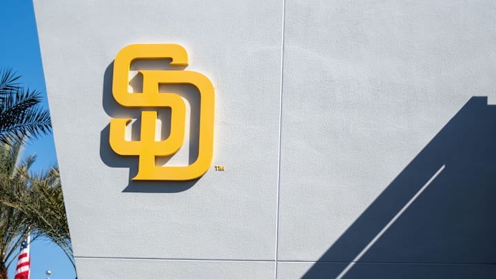 Feb 18, 2024; Peoria, AZ, USA; A general view of the San Diego Padres logo and clubhouse during a workout day at Peoria Sports Complex. Mandatory Credit: Allan Henry-Imagn Images