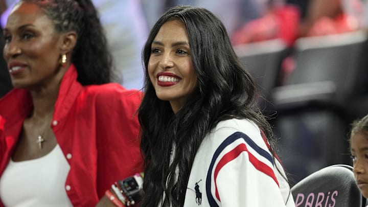 Vanessa Bryant looks on before the women's gold medal game between France and the United States during the Paris 2024 Olympic Summer Games at Accor Arena.