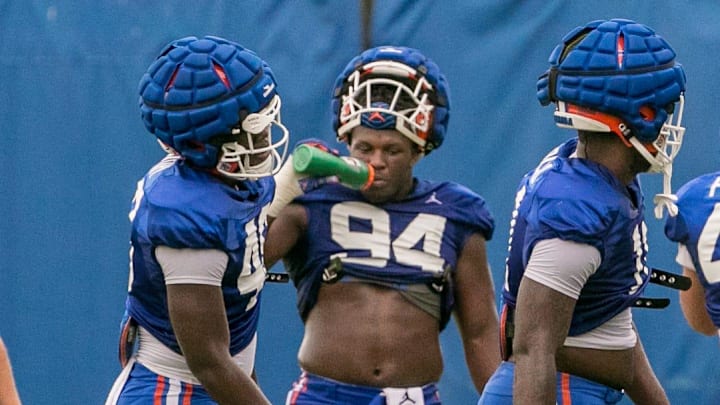 Florida Gators defensive lineman Tyreak Sapp (94) takes a break during morning practice.