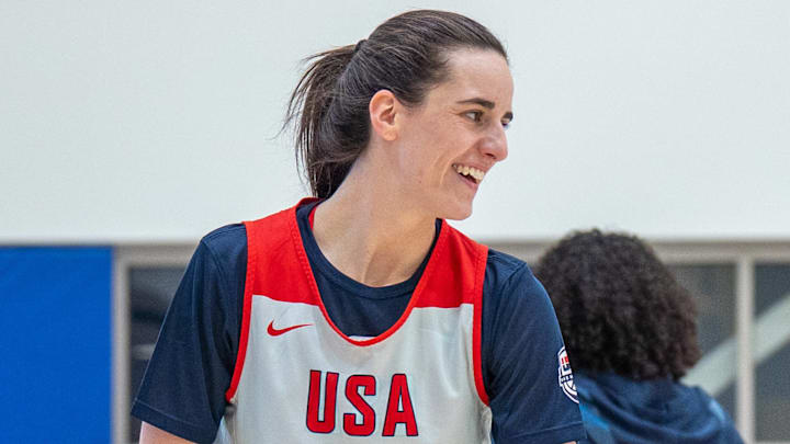 Caitlin Clark (17) looks on during a scrimmage at the USA Basketball  camp.