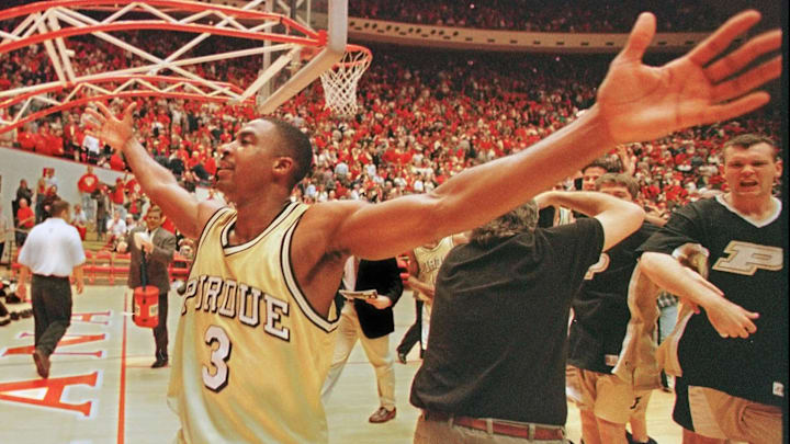 Purdue's Chad Austin, celebrates their win Tuesday night over Indiana 89-87 in overtime.