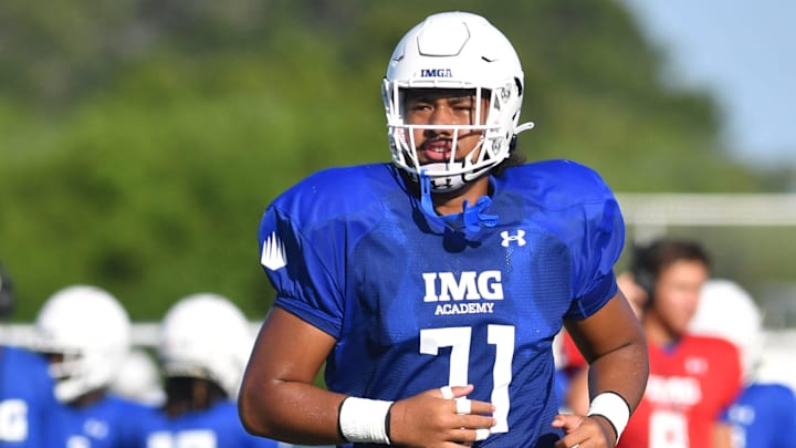 Offensive lineman Pepe Keenyi (#71) during practice on Friday, Aug. 2, 2024 on IMG Academy Football Media Day in Bradenton, Florida. Offensive lineman Pepe Keenyi (#71) during practice on Friday, Aug. 2, 2024 on IMG Academy Football Media Day in Bradenton, Florida.