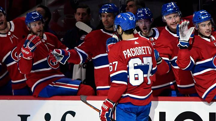 Jan 4, 2018; Montreal, Quebec, CAN; Montreal Canadiens forward Max Pacioretty (67) reacts with teammates after scoring a goal against the Tampa Bay Lightning during the second period at the Bell Centre. Mandatory Credit: Eric Bolte-USA TODAY Sports