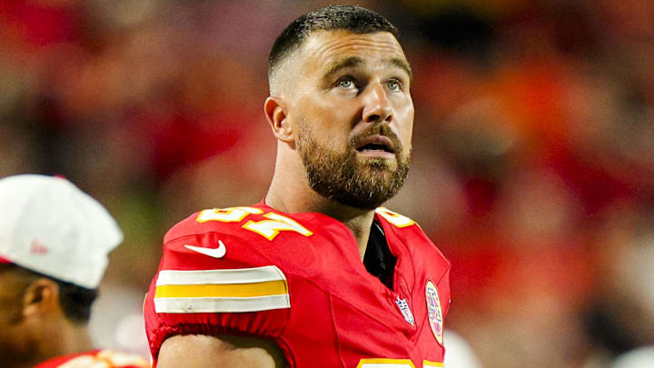 Kansas City Chiefs tight end Travis Kelce (87) reacts during the second half against the Chicago Bears at GEHA Field at Arrowhead Stadium. 