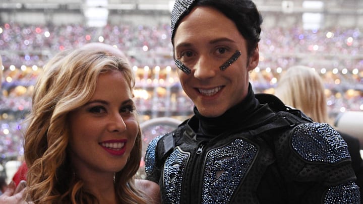 NBC commentators Johnny Weir (right) and Tara Lipinski (left) in attendance during Super Bowl XLIX between the New England Patriots and the Seattle Seahawks at University of Phoenix Stadium.