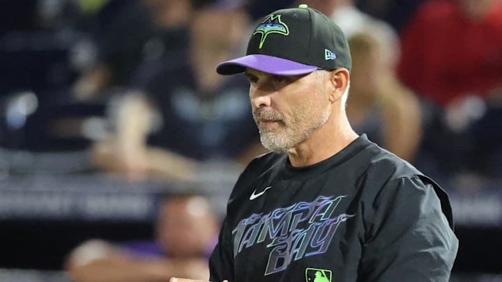 Sep 19, 2025; Tampa, Florida, USA; Tampa Bay Rays manager Kevin Cash (16) during the eighth inning against the Boston Red Sox at George M. Steinbrenner Field.