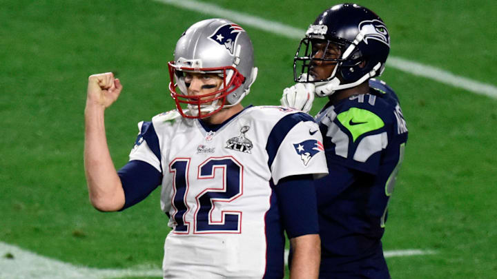 Feb 1, 2015; Glendale, AZ, USA; New England Patriots quarterback Tom Brady (12) celebrates after throwing a 3-yard touchdown pass in the fourth quarter as Seattle Seahawks cornerback Byron Maxwell (41) reacts in Super Bowl XLIX at University of Phoenix Stadium. Mandatory Credit: Kirby Lee-Imagn Images Feb 1, 2015; Glendale, AZ, USA; New England Patriots quarterback Tom Brady (12) celebrates after throwing a 3-yard touchdown pass in the fourth quarter as Seattle Seahawks cornerback Byron Maxwell (41) reacts in Super Bowl XLIX at University of Phoenix Stadium. Mandatory Credit: Kirby Lee-Imagn Images